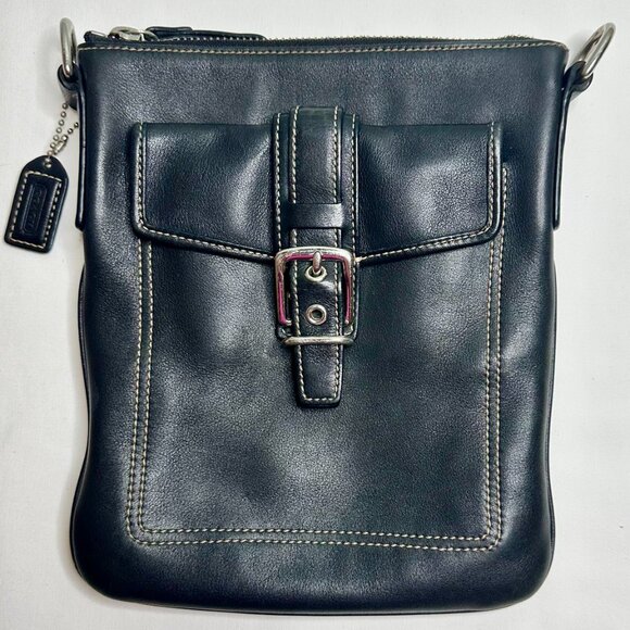 Coach Vintage Hamptons Black Leather Swingpack Silver Hardware White Stitching - Picture 7 of 12